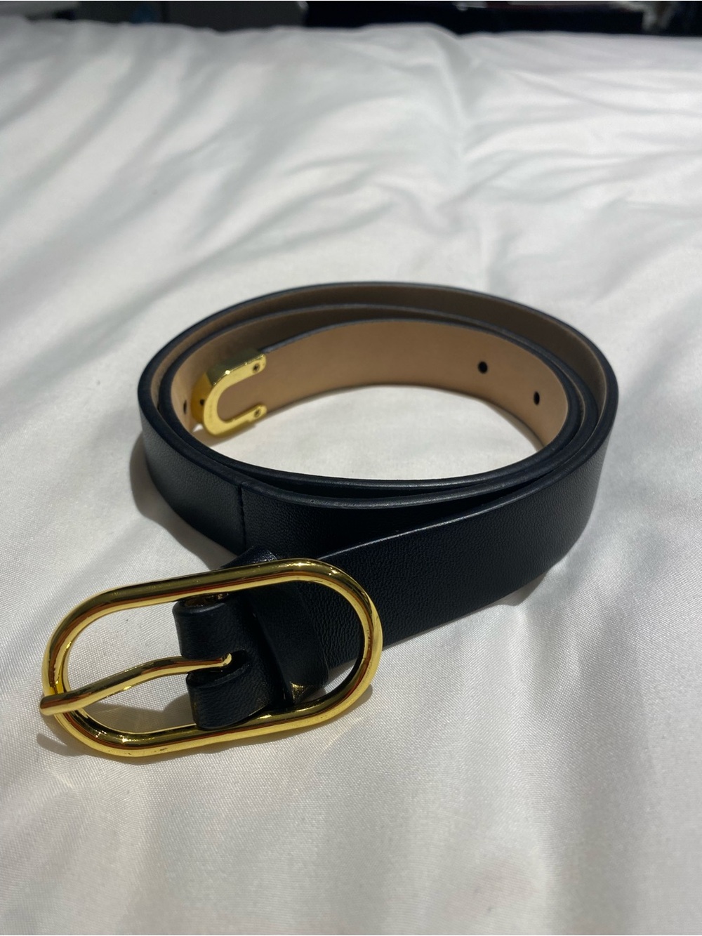 Black Leather Belt with Gold Oval Buckle